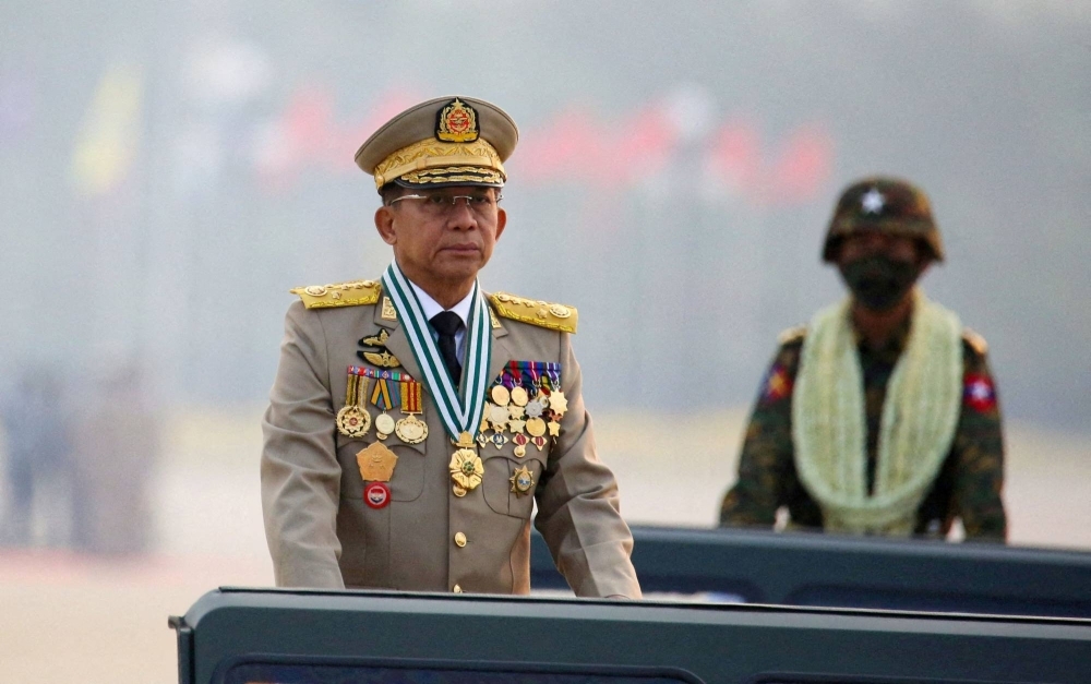 Myanmar's junta leader, Min Aung Hlaing, at a parade in Naypyitaw in March 2021
