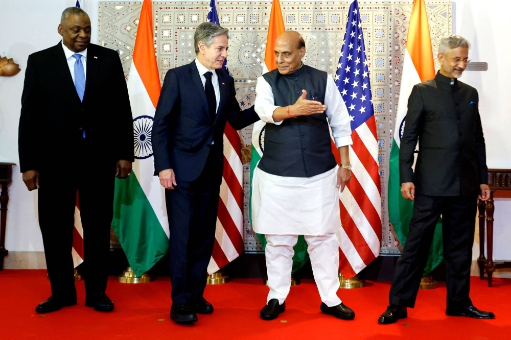 U.S. Defense Secretary Lloyd Austin (from left), U.S. Secretary of State Antony Blinken, Indian External Affairs Minister Subrahmanyam Jaishankar and Indian Defense Minister Rajnath Singh ahead of their bilateral meetings in New Delhi on Friday.