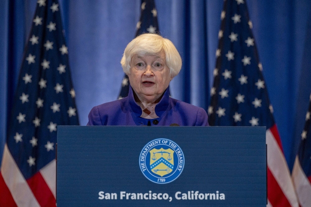 US Treasury Secretary Janet Yellen speaks during a news conference in San Francisco on Friday.