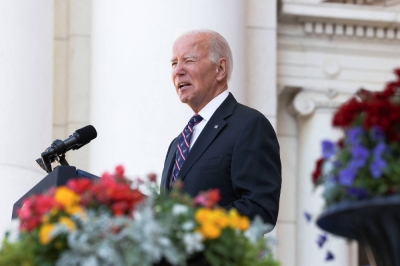 U.S. President Joe Biden speaks following a wreath-laying ceremony at the Tomb of the Unknown Soldier at Arlington National Cemetery in Arlington, Virginia, on Saturday.