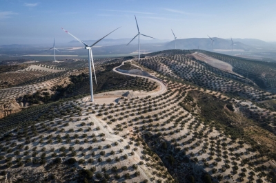 Wind turbines along the crest of a hill at the Martin de la Jara wind farm, operated by Iberdrola SA, in the Martin de la Jara district of Sevilla, Spain, in April 2023