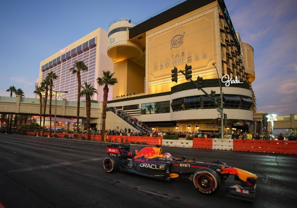 Red Bull's Sergio Perez drives on the track during the Formula One Las Vegas Grand Prix Launch Party in Las Vegas on Nov. 5, 2022.
