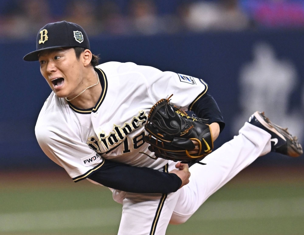 Yoshinobu Yamamoto pitches during Game 6 of the Japan Series earlier this month. 