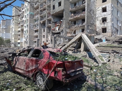 A residential building damaged by a Russian missile strike in the Serhiivka, in Ukraine's Odesa region, in July 2022. Daria Krokva, a doctor, fled Ukraine for Japan in April 2022 after being advised to evacuate by a cousin in Kobe.
