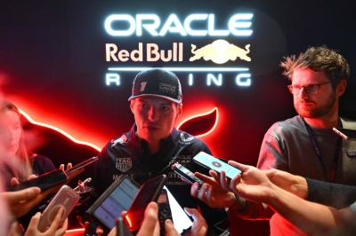 Dutch driver Max Verstappen speaks to the press after the opening ceremony for the Las Vegas Grand Prix on Wednesday. 