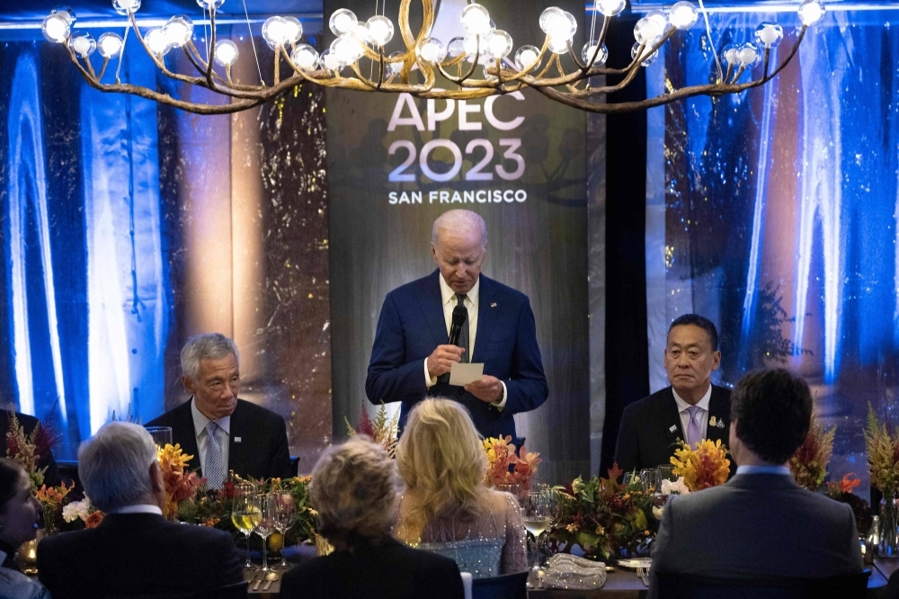 U.S. President Joe Biden makes a toast during the leaders and spouses dinner at the Asia Pacific Economic Cooperation summit in San Francisco on Thursday.