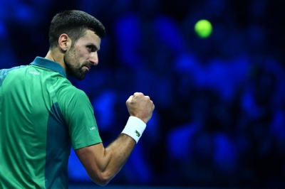 Serbia's Novak Djokovic celebrates after winning a point against Spain's Carlos Alcaraz during their semifinal match at the ATP Finals in Turin, Italy, on Saturday. 