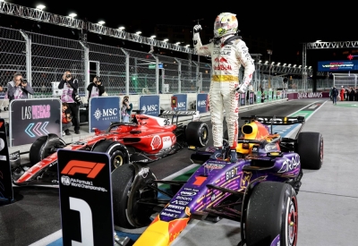Max Verstappen celebrates winning the Las Vegas Grand Prix on Saturday