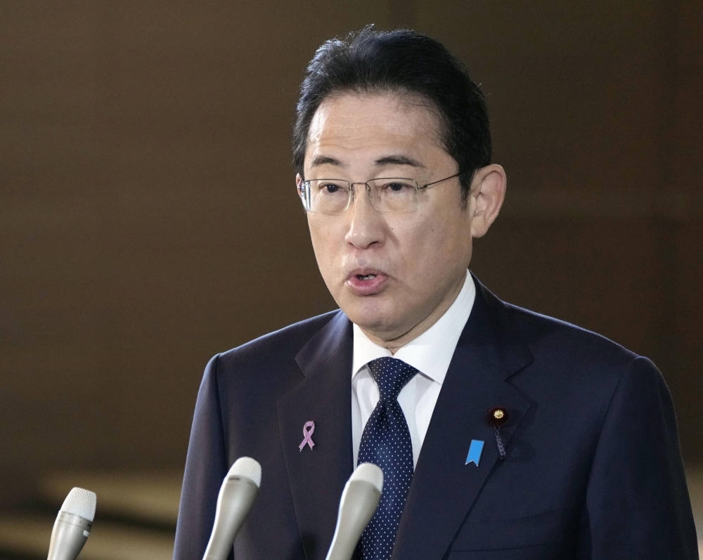 Prime Minister Fumio Kishida speaks to reporters at the Prime Minister's Office on Monday.