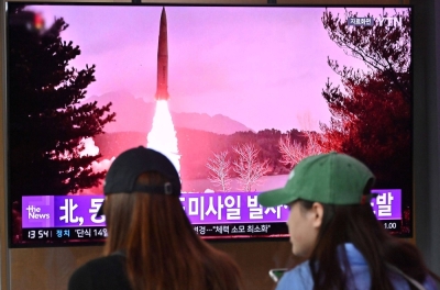 A television screen showing news footage of a North Korean missile test, in Seoul, on Sept. 13.