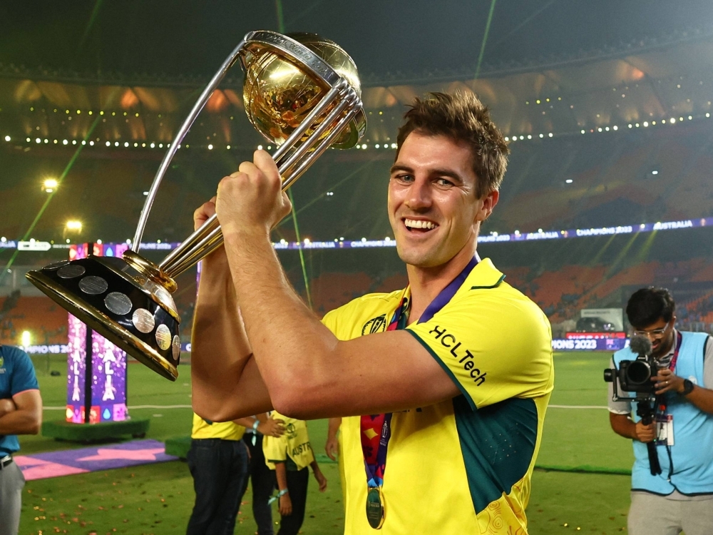 Australia captain Pat Cummins celebrates after the Cricket World Cup final in Ahmedabad, India, on Sunday.