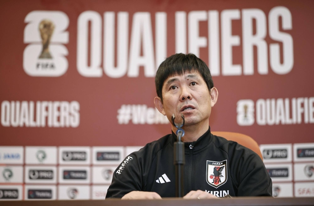 Hajime Moriyasu, head coach of the Japanese men's national football team, attends a press conference in Jeddah, Saudi Arabia, on Monday.