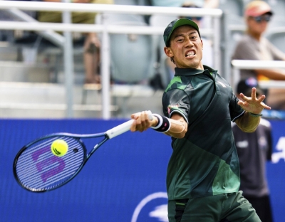 Kei Nishikori plays against Taylor Fritz of the United States in the men's singles quarterfinals at the Atlanta Open in Atlanta on July 28.