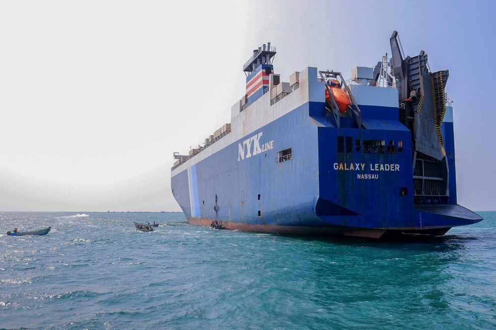 A picture taken during an organized tour by Yemen's Houthi rebels on Wednesday shows the Galaxy Leader cargo ship, seized two days earlier, at a port on the Red Sea in Yemen's province of Hodeida. 
