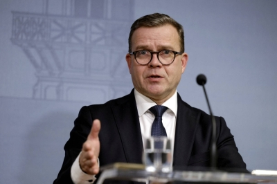 Finnish Prime Minister Petteri Orpo speaks during a news conference in Helsinki on Wednesday.