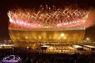 A pyrotechnic display takes place at Lusail Stadium on Dec. 18, 2022.