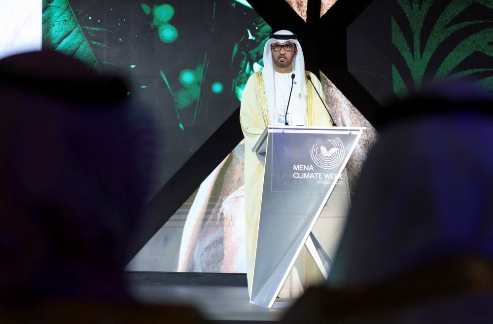 Sultan Ahmed al-Jaber, CBE, the Minister of Industry and Advanced Technology of the United Arab Emirates, speaks during the opening ceremony of the Middle East and North Africa Climate Week in Riyadh on Oct. 8.