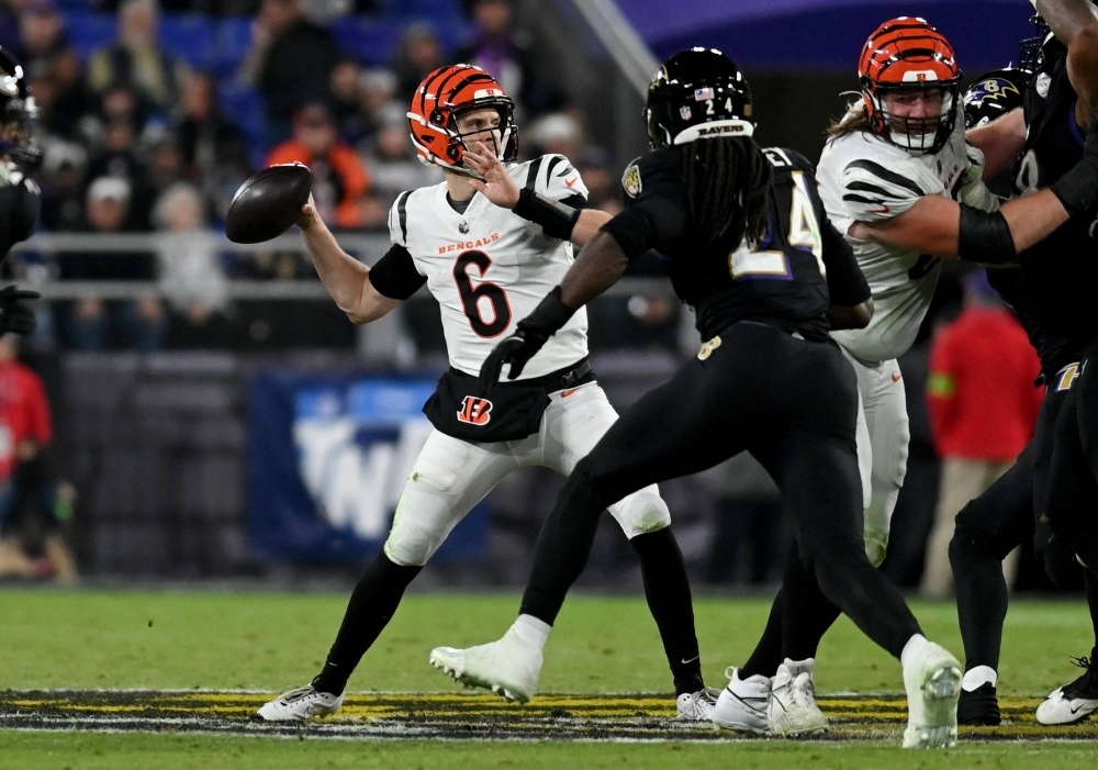 Bengals quarterback Jake Browning passes against the Ravens in the third quarter of their game at Baltimore's M&T Bank Stadium on Nov. 16.