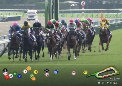 A recently implemented tracking system shows the real-time position of all horses during the live broadcast of the spring Tenno Sho on April 30.
