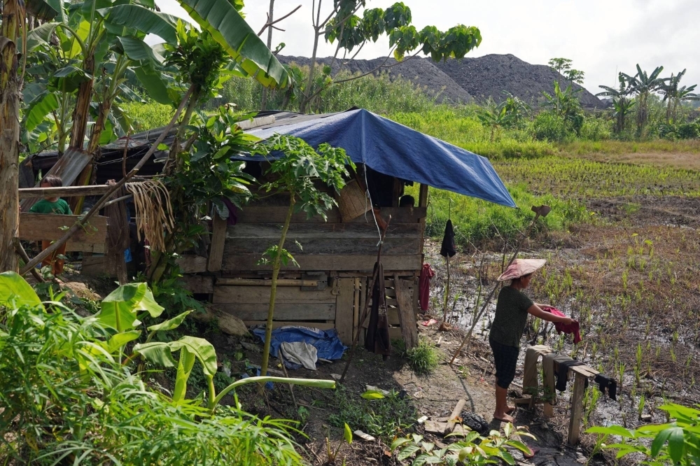 Coal stockpiles near homes and rice fields in North Kalimantan. 