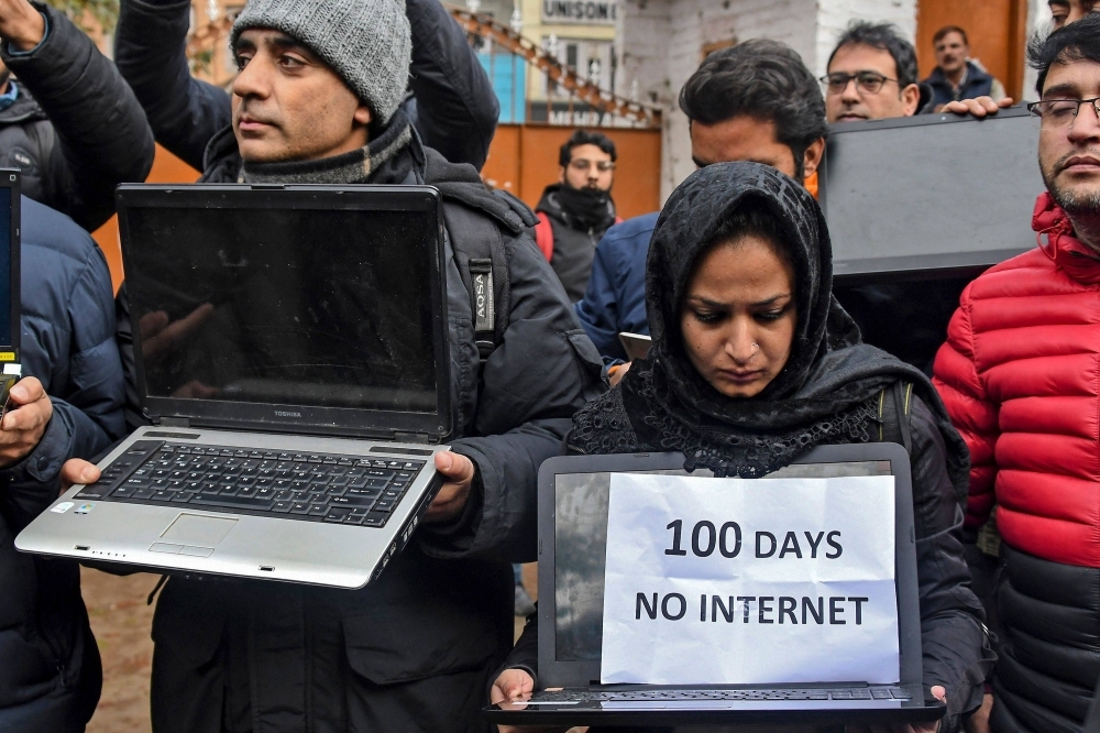 Kashmiri journalists protest against internet blockade put by India's government in Srinagar in October 2019.