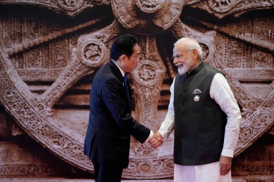 Indian leader Narendra Modi greets Prime Minister Fumio Kishida at the Group of 20 Summit in New Delhi in September.