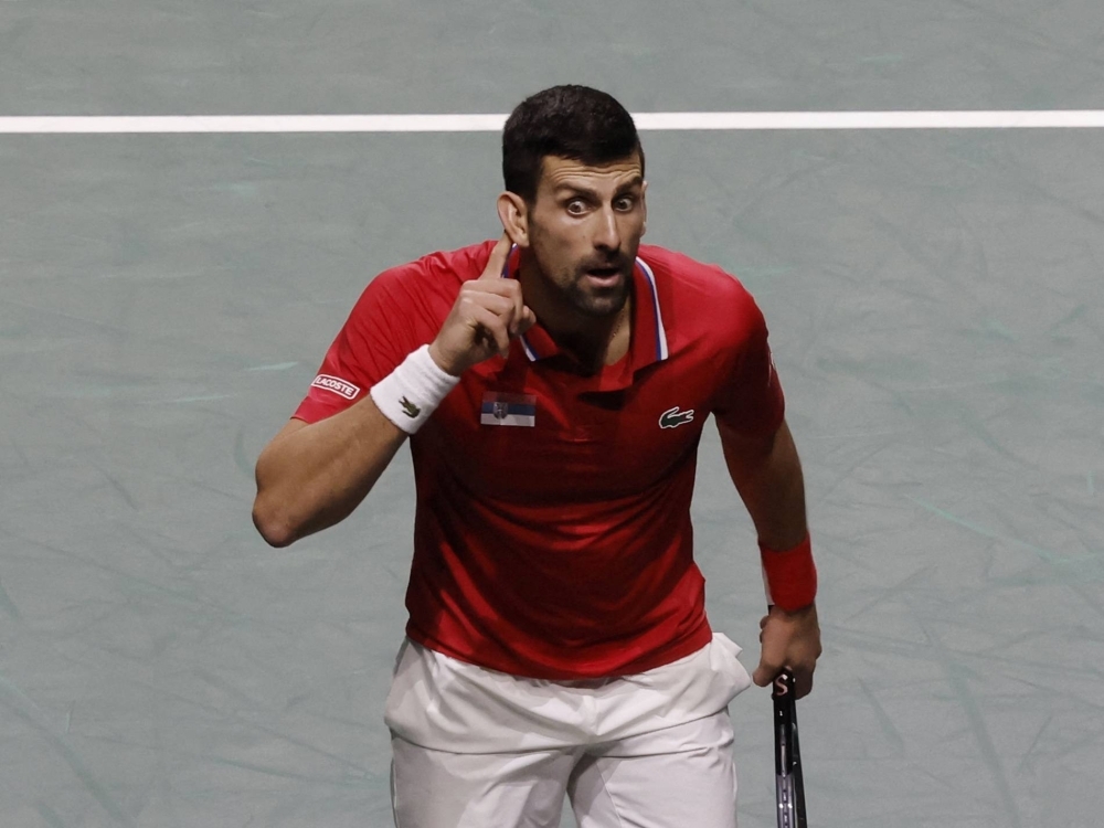 Novak Djokovic gestures during his Davis Cup match against Cameron Norrie in Malaga, Spain, on Thursday.