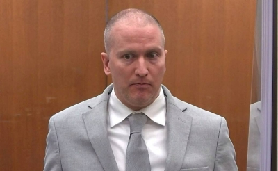 Former Minneapolis police officer Derek Chauvin addresses his sentencing hearing and the judge after being convicted of murder in the death of George Floyd in Minneapolis, Minnesota, in June 2021 in a still image taken from video.