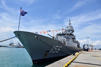 The Royal Australian Navy vessel the Toowoomba is docked at Changi Naval Base  during IMDEX Asia 2023, a maritime defense exhibition in Singapore, in May.