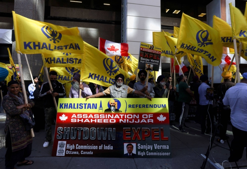 A protest is held in Toronto on Sept. 25, a week after Canadian Prime Minister Justin Trudeau raised the prospect of New Delhi's involvement in the murder of Sikh separatist Hardeep Singh Nijjar in British Columbia