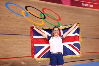 Gold medalist Laura Kenny of Britain on the last day of the cycling track events at the Tokyo 2020 Olympics, at the Izu Velodrome, in Shizuoka Prefecture, on Aug. 8, 2021