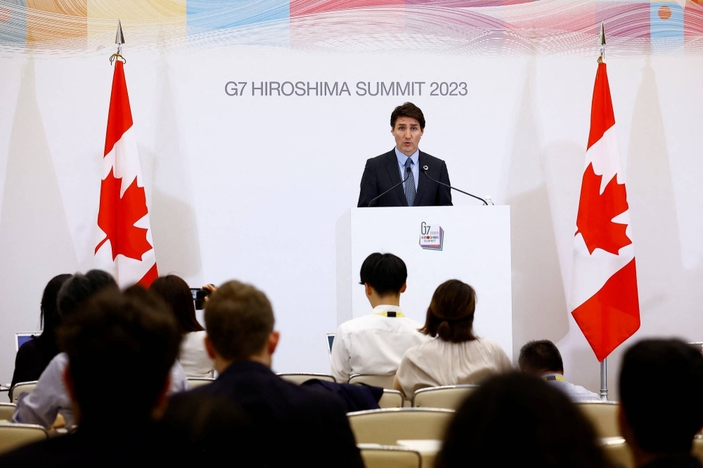 Canadian Prime Minister Justin Trudeau speaks during a news conference at May’s Group of Seven summit in Hiroshima.