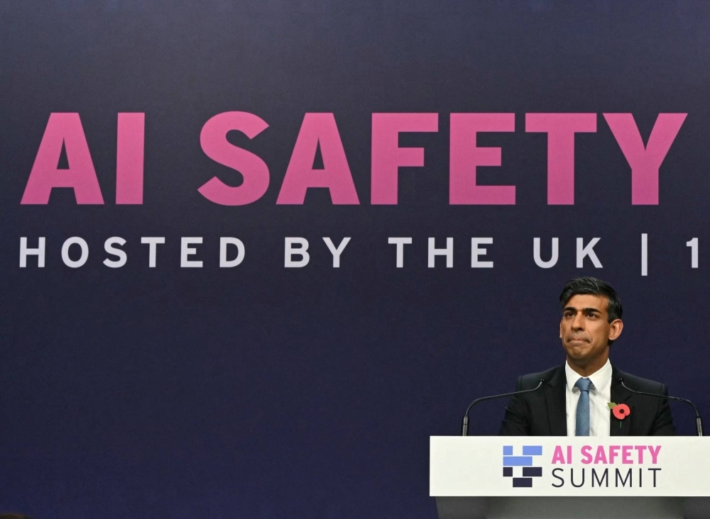 British Prime Minister Rishi Sunak addresses a news conference during an artificial intelligence safety summit in Milton Keynes, England, on Nov. 2.  