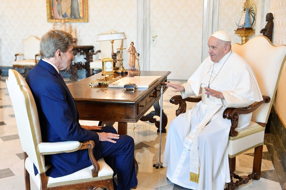 Pope Francis meets with U.S. special presidential envoy for climate John Kerry at the Vatican on June 19.