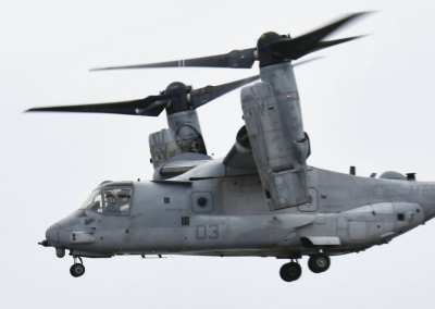 A U.S. military Osprey tilt-rotor aircraft takes off from U.S. military port facilities in Naha in March.