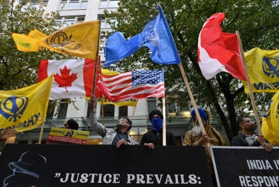 Demonstrators protest outside India's consulate in Vancouver on Sept. 25, one a week after Canadian Prime Minister Justin Trudeau raised the prospect of New Delhi's involvement in the murder of Sikh separatist leader Hardeep Singh Nijjar.