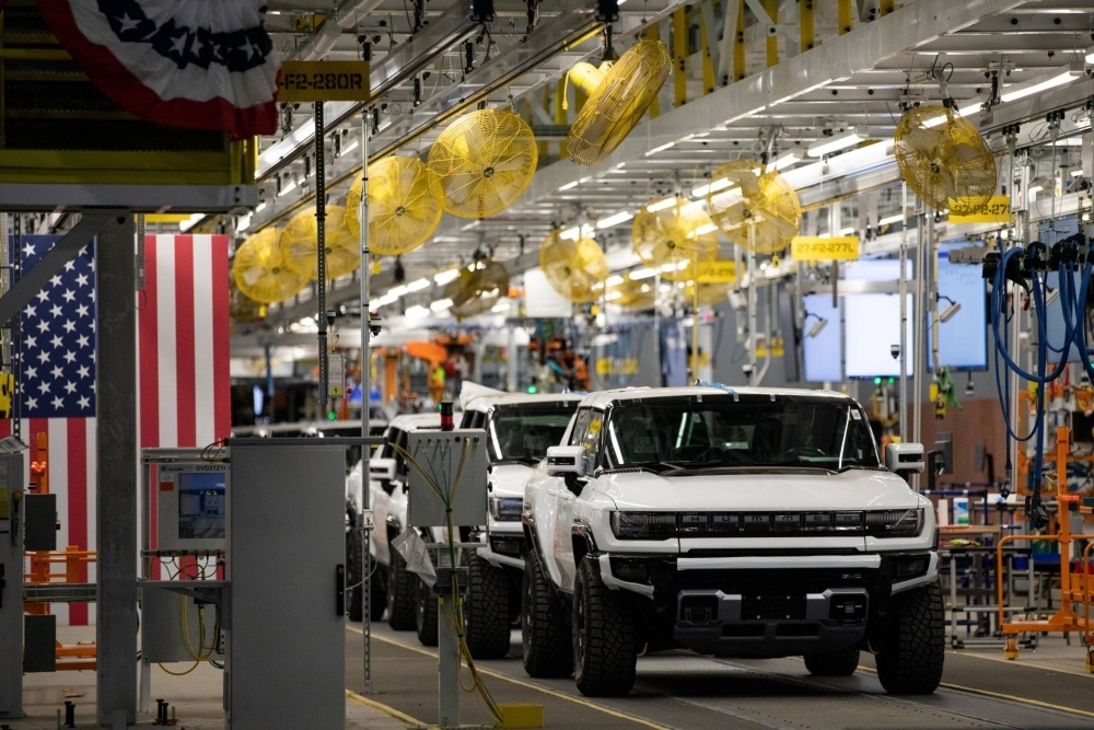 GMC Hummer electric vehicles on the production line at General Motors' Factory ZERO all-electric vehicle assembly plant in Detroit, Michigan, on Nov. 17.
