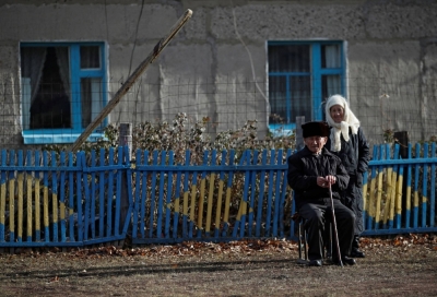 Baimagambet Kabenov, 82, one of the oldest residents in Kaynar, poses for a picture with his wife Rymbibi Zhumagazina in the village in the Abai Region of Kazakhstan. The village neighbors the former Semipalatinsk Test Site, one of the main locations for nuclear testing in the former Soviet Union.