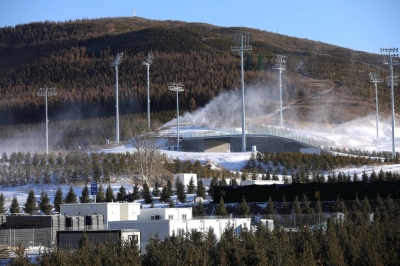 Snow guns make snow ahead of a test event for the Beijing Winter Olympics in Zhangjiakou, China, in December 2021. 
