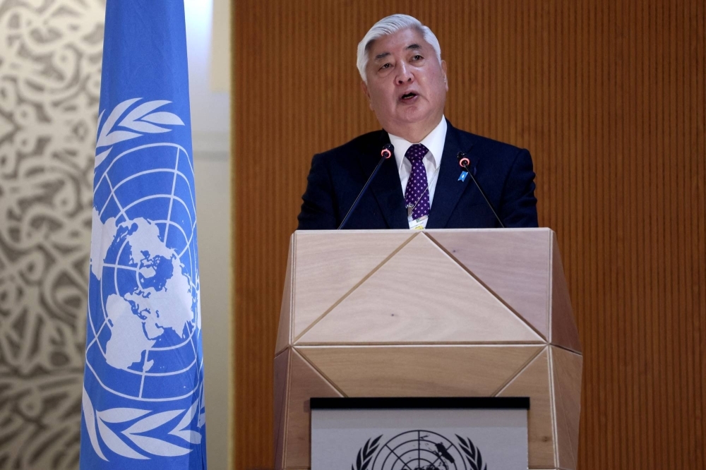 Gen Nakatani, then-special adviser to the prime minister for international human rights, speaks at the United Nations Human Rights Council in Geneva in March 2022