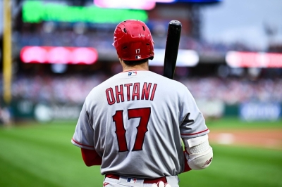 Los Angeles Angels designated hitter Shohei Ohtani looks on before a game against the Philadelphia Phillies at Citizens Bank Park in Philadelphia on Aug. 29.