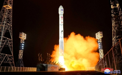 The launch of a rocket carrying a spy satellite, as claimed by the North Korean government, in a location given as North Gyeongsang Province, North Korea, in this handout picture obtained on Nov. 21.