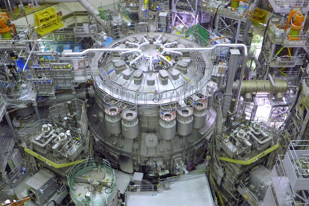 The JT-60SA, the world's biggest nuclear fusion reactor constructed to date, before its planned inauguration in the city of Naka, Ibaraki Prefecture, on Friday