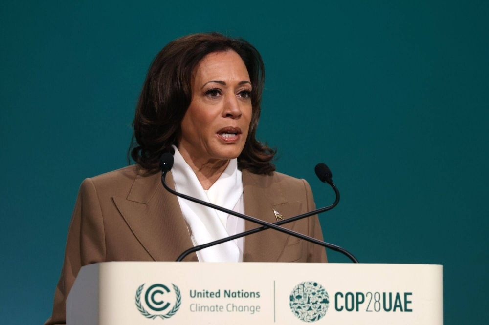 U.S. Vice President Kamala Harris, speaks at a high-level segment at the COP28 climate conference in Dubai on Saturday.