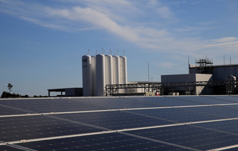 The Fukushima Hydrogen Energy Research Field and an adjoining solar power farm in Namie, Fukushima Prefecture, in 2021