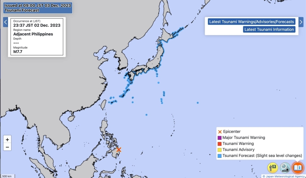 Areas highlighted in blue indicate regions where tsunami was forecast.