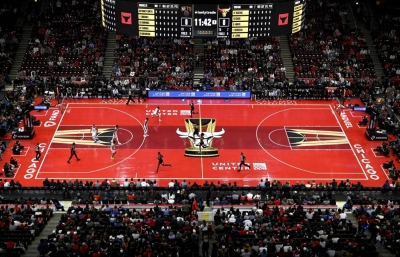 The floor is painted red for the NBA In-Season Tournament game between the Chicago Bulls and Brooklyn Nets on Nov. 3.  