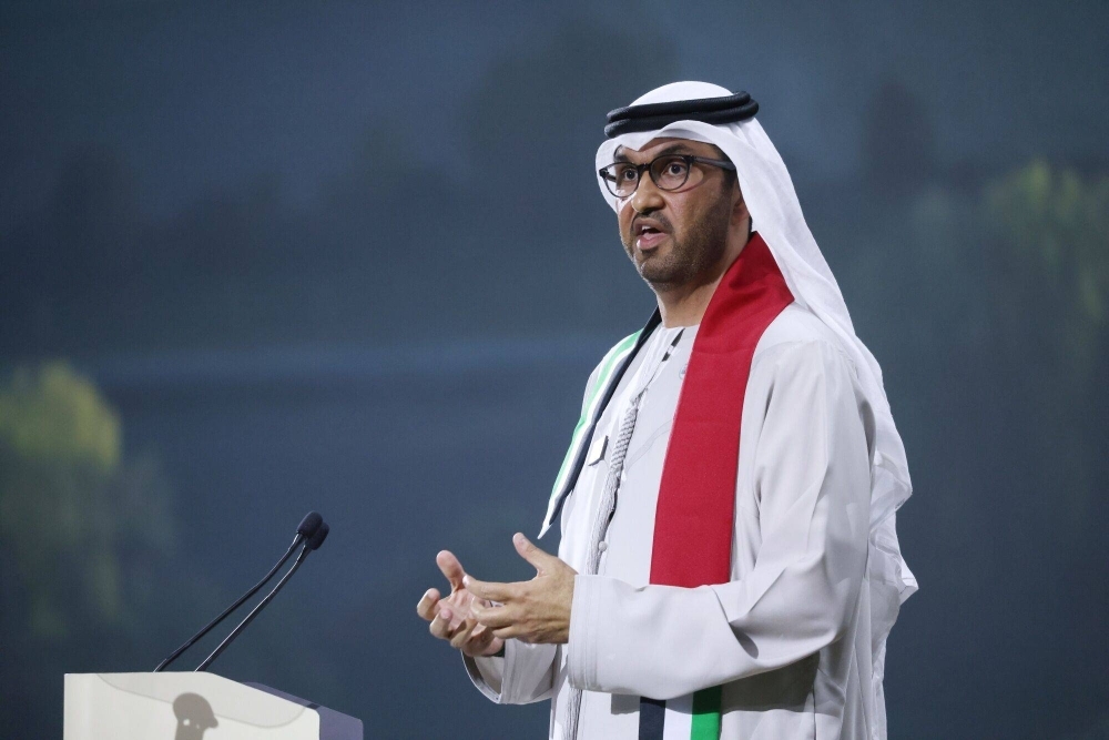 Sultan Ahmed Al Jaber speaks during day three of the COP28 climate conference in Dubai on Saturday.