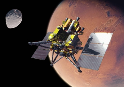An artistic rendition of a probe heading toward the Martian moon Phobos (left). Mars is the celestial body on the right.