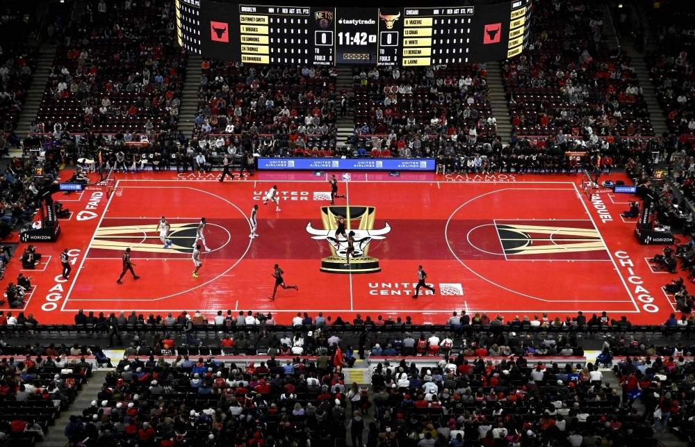 The Bulls' court is painted red for their NBA In-Season Tournament game against the Nets at the United Center in Chicago on Nov. 3.